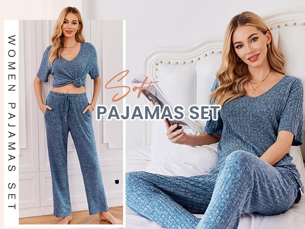 EKOUAER women's two-piece short sleeved top and cropped pants casual wear and S-XXL comfortable and soft casual wear light spring and summer set