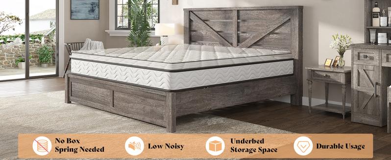 VanAcc Farmhouse Bed Frame with 49.2" Barn Door Headboard, Platform Bed Frame with Wood Slats, Under Bed Storage Space, Noisy Free, Easy Assembly