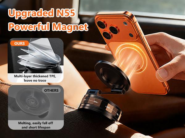 PUTARE Vacuum Magnetic Car Phone Holder Compatible with MagSafe, 360° Rotating Ultra-Strong Suction Cup Mount for Car/Vlog Shooting, Windshield/Dashboard/Wall Stand for All Phone Models, Carbon Fiber Coffee