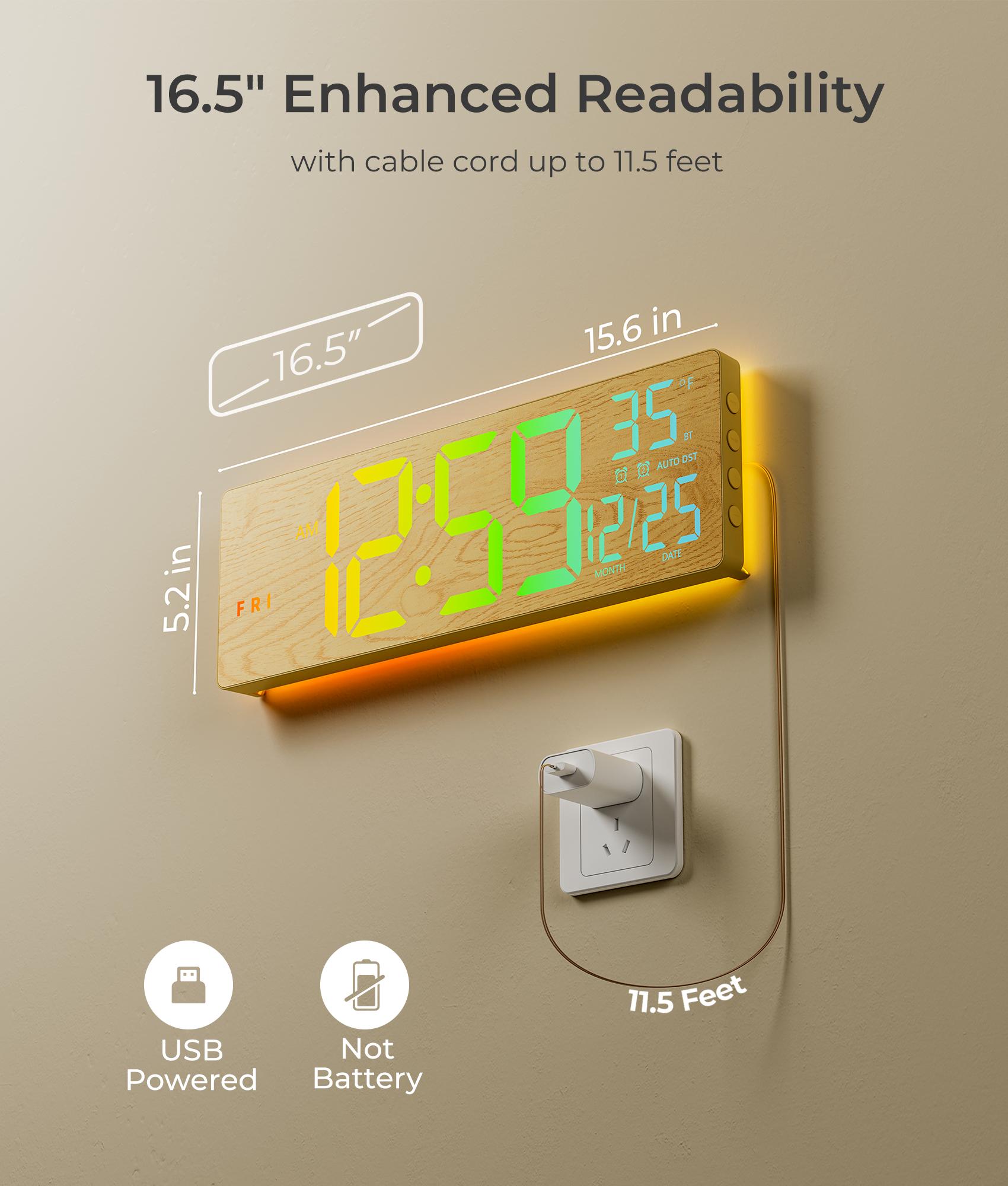 EASYERA Large Wood Grain Digital Wall Clock 16.5" & 12" with Remote Control RGB Atmosphere Lights 11 Scenes Dual Alarms LED Display for Livingroom Classroom Office Game