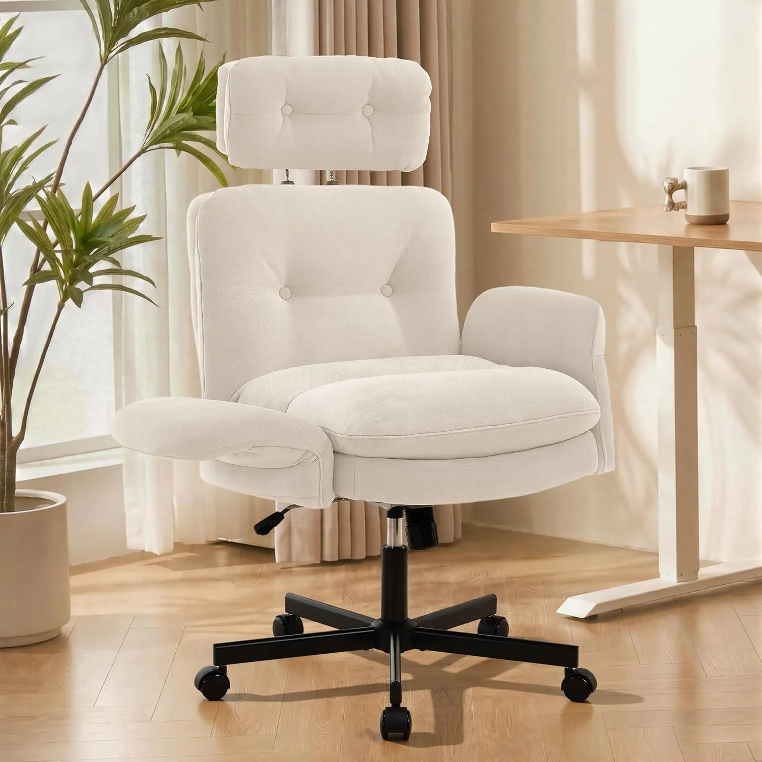 [tiktokshopbacktoschool] Vabches Criss Cross Chair with Adjustable Arms&Hight Back,Thicken Wide Seat Home Office Chair,Lounge Makeup Vanity Chairs with Side Pockets,Comfy Cross Legged Desk Chair