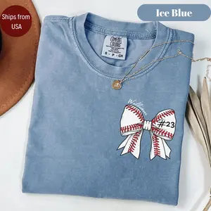 Custom Baseball Number Comfort Colors T-shirt, Baseball Bow Tee, Personalized Baseball Player  T-shirt, Baseball Fan Gift, Sports Mom, Game Day