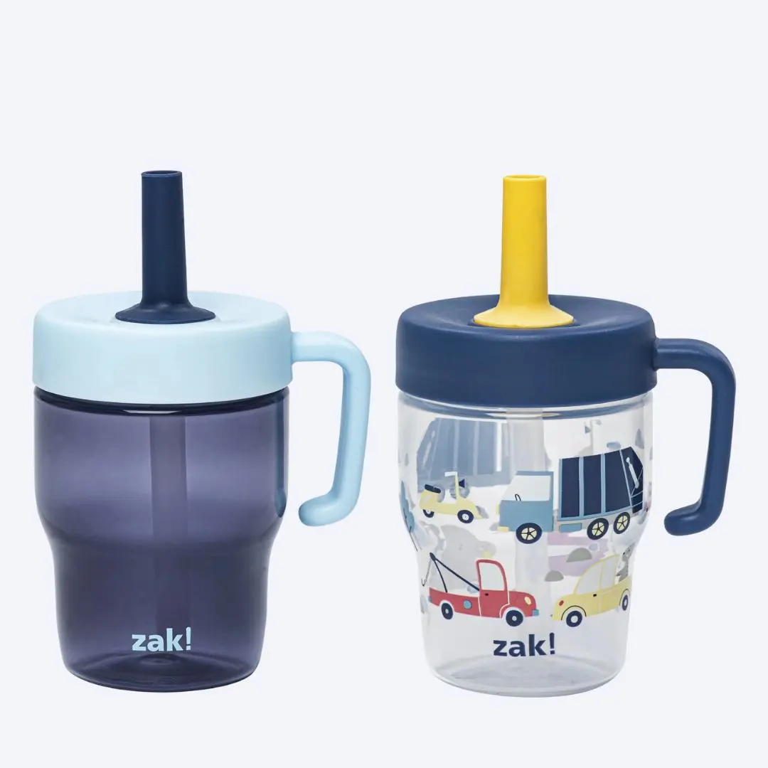 Zak Designs Capri Toddler Leakproof Straw Cup with Silicone Spout, Screw-On Lid, and Easy Grip Handle - Reusable Plastic Drinkware, 10 Ounces, 2 Pack BPA Free Water Bottles