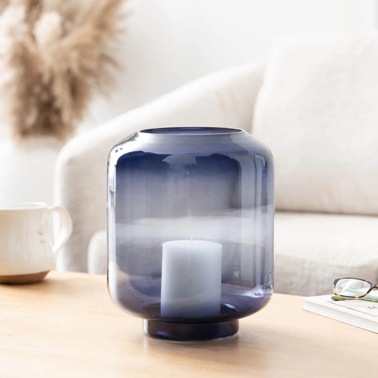 Glass  Tinted Wide Room Hurricane Lamp with Elevated Base, 8" x 8" x 10"