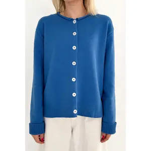 Daisy Rolled Neckline Button Up Cotton Cardigan in Royal