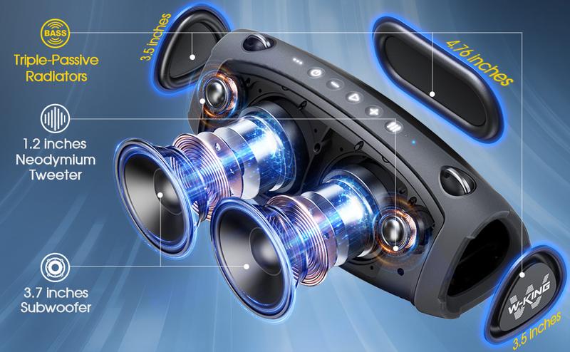 W-KING  120W Portable Bluetooth Speaker with Wireless Microphone, IPX6 Waterproof, Triple Passive Radiators, Deep Bass, Hi-Fi, DSP, Power Bank, TF, AUX, EQ, Opener, 42H Playtime, Bluetooth 5.0 - Durability Stereo Sound Equipped