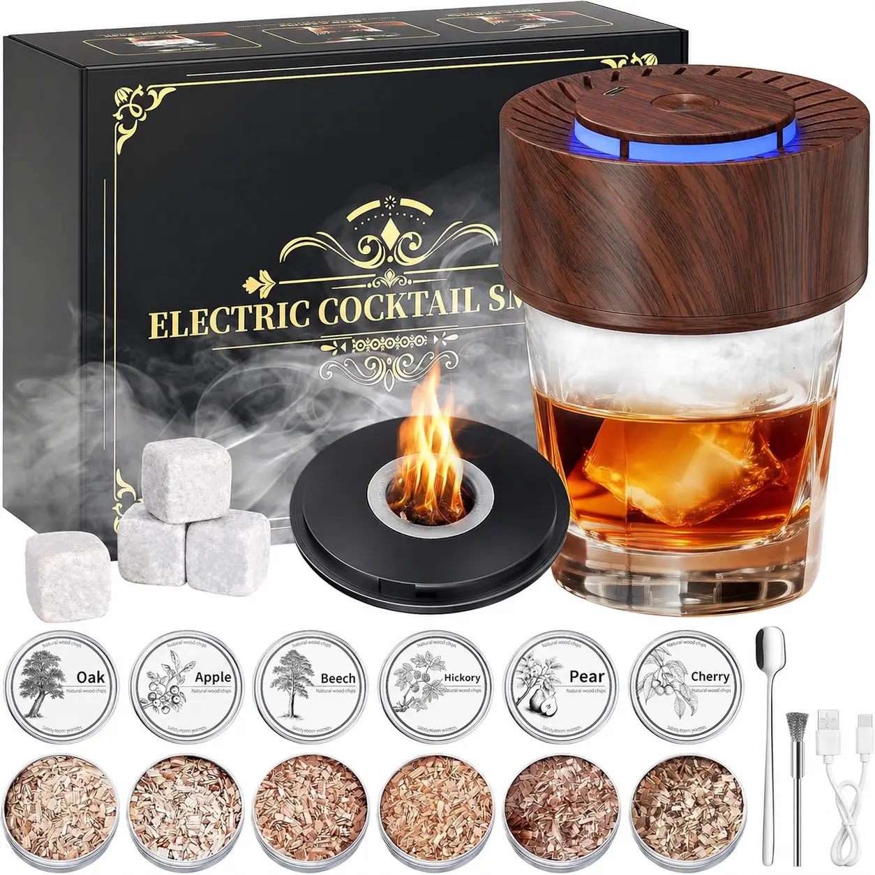 Electric Whiskey Smoker Kit - Rechargeable Built-in Lighter, LED Light, No Butane Needed, 6 Wood Chips, Marble Ice Cubes, Old Fashioned Bar Set, Gifts for Him (Cool Guys, BF Birthday, Him Anniversary), Cool Gifts For Guys