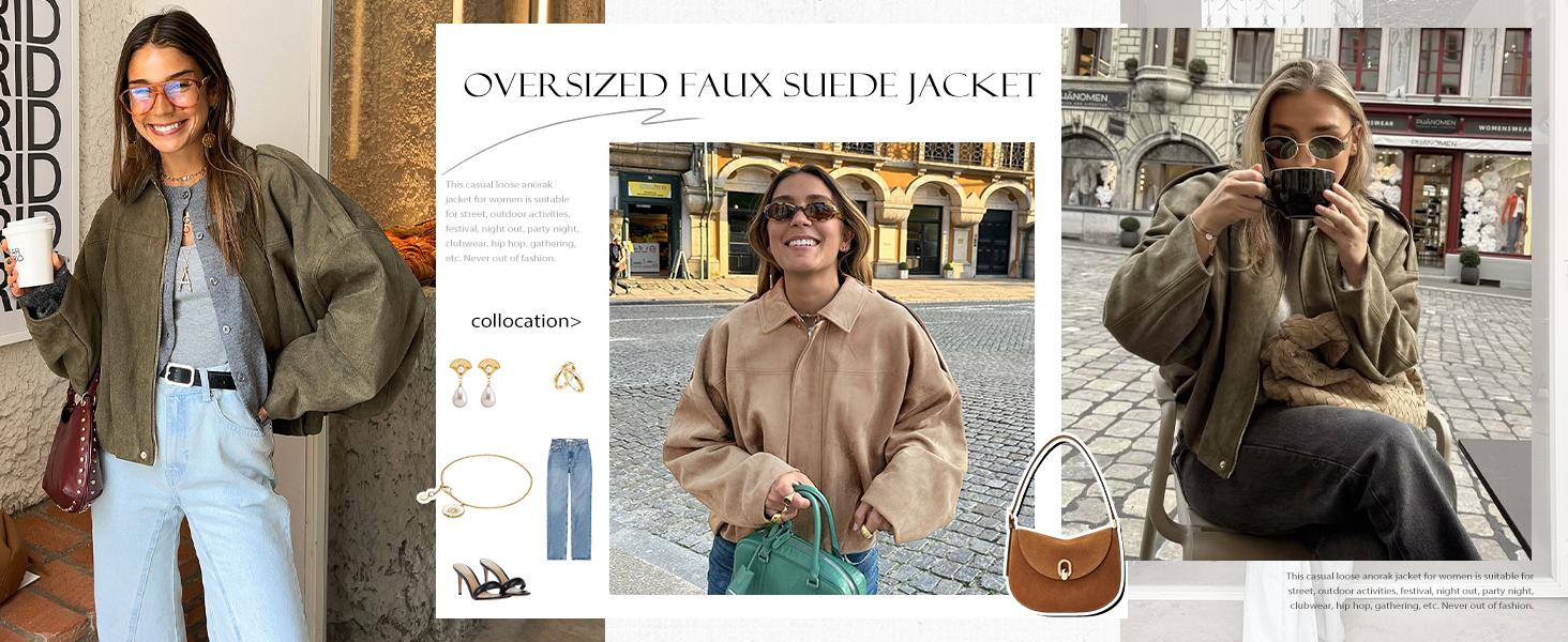 Womens Faux Suede Bomber Jacket Casual Lapel Pilot Jackets Coat Oversized Long Sleeve 2026 Fashion Outerwear