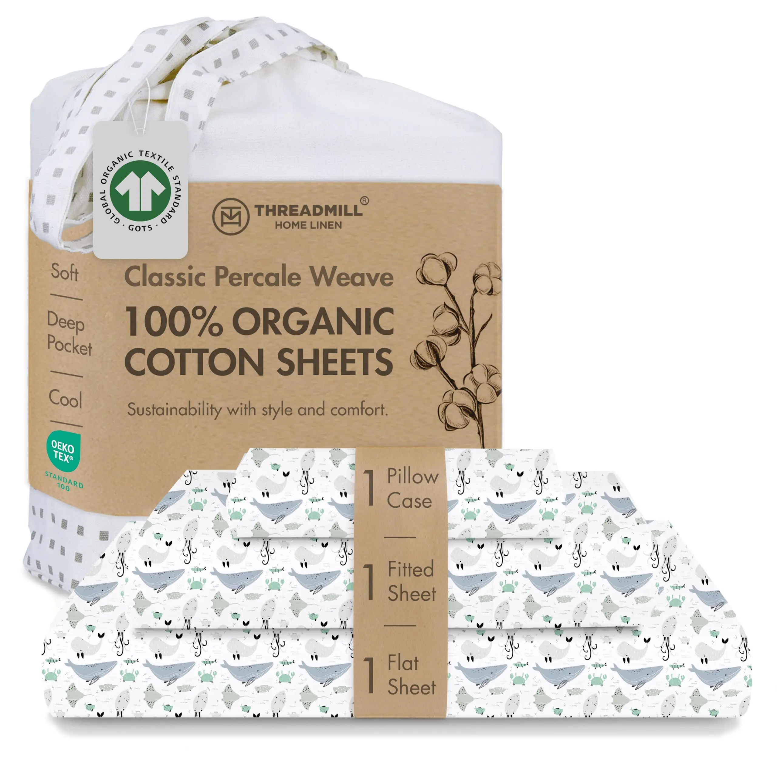Threadmill Home Linen 3-Piece Organic Cotton Percale Sheet Set - 300 Thread Count, 15” Deep Pocket, Printed Percale Weave, Soft Breathable Cooling Sleep Bedding for Eco-Conscious Shoppers