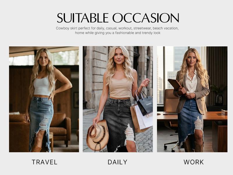 Asvivid Western Asymmetrical Ripped Denim Midi Skirt with Pocket Women High‑low Distressed Irregular Raw Frayed Hem Casual Destroyed Cowgirl Jean Skirts Bottoms Clothes for Back To School Fashion Fall Pick