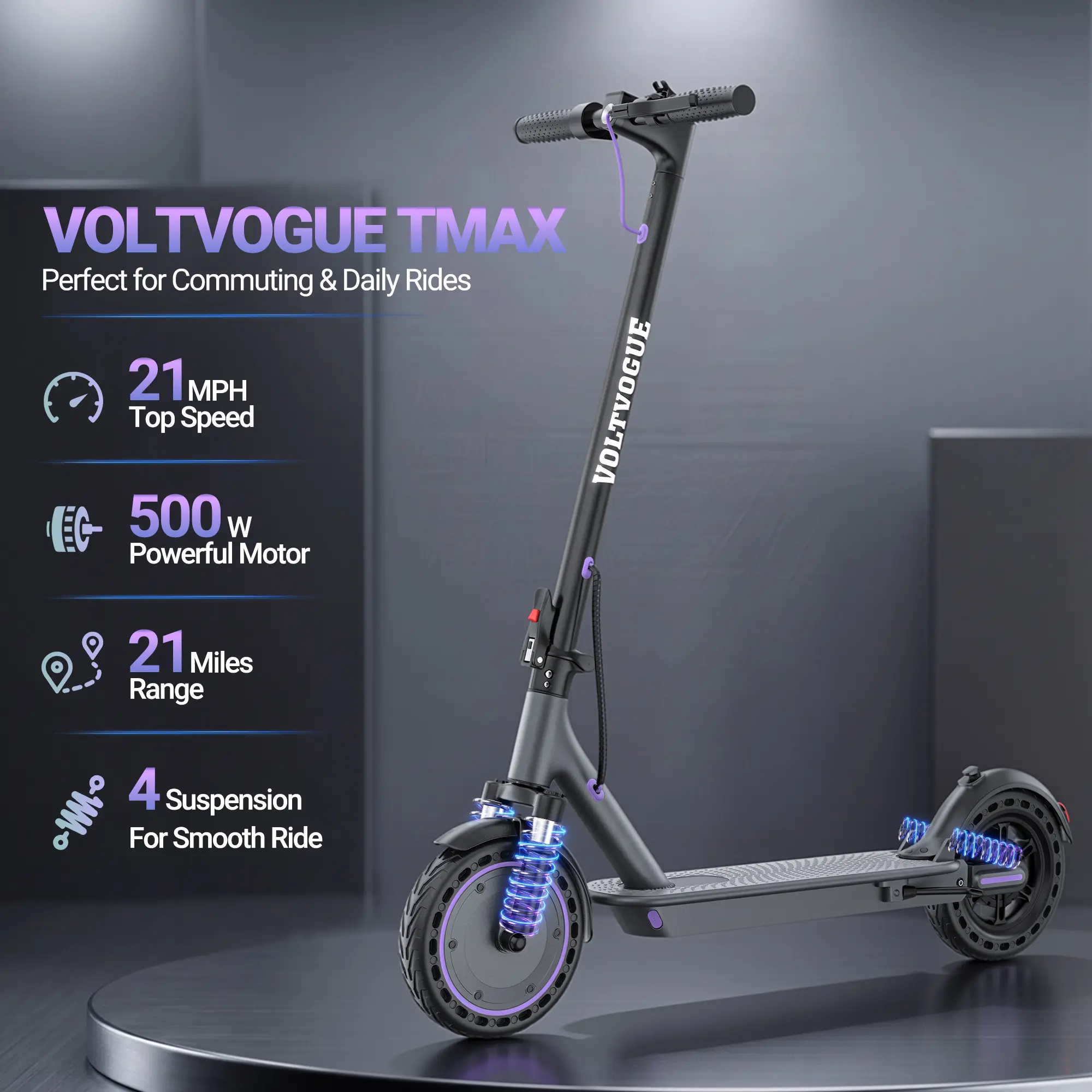 【AOVOPRO-VOLTVOGUE 】| 500W Powerful Motor | Dual Brakes & Dual Suspension | 21MPH Speed + 21 Miles Range | App Control | 10" Puncture-Proof Tires【VT11】