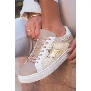 Gold Glitter Star Patchwork PU Leather Lace-up Sneakers