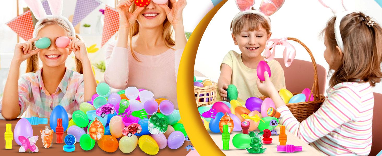 100Pack Prefilled Eggs with Toys Inside for Filling Specific Treats, Easter Theme Party Favor, Basket Stuffers, Classroom Prize Egg Supplies Toy for Kids