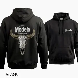 Modelo Beer Western Bull Skull Hoodie, “The Fighting Spirit” Graphic Pullover, Beer Lover Streetwear Hoodie, Relaxed Fit Cotton Menswear