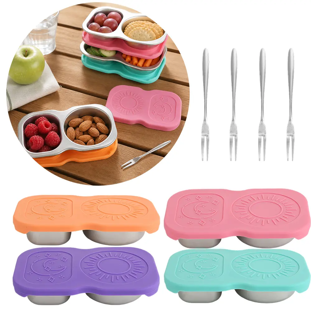 4 pack Portable Divided Stainless Steel Snack Bento Box with Silicone Sealed Cover & 4 Fruit Forks, Reusable 2‑Grid Food Storage Tray, Leak‑Resistant Kids Food Container for Sauce Fruit Nut On‑the‑Go Meal Prep