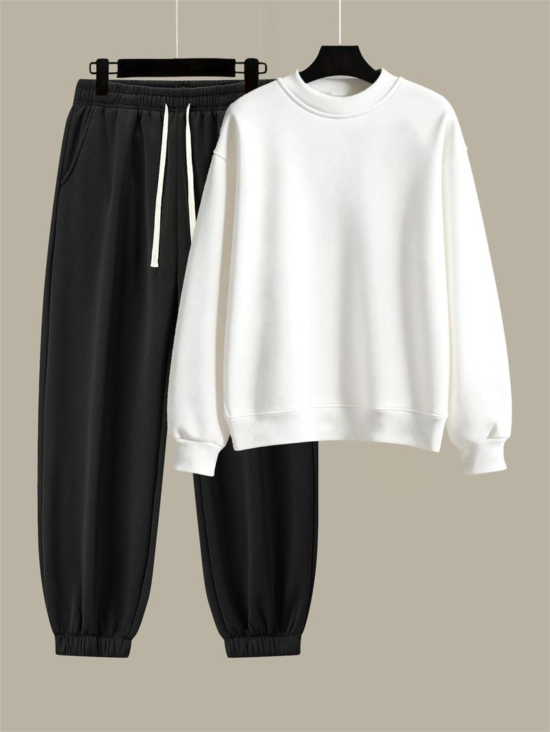 Men's Cotton Solid Color Casual Tracksuit Set Loose Fit Crew Neck Sweatshirt with Matching Jogger Pants for Fall Winter Comfortable Menswear Outfit for Outdoor Activities Sporty Commute Fitness and Relaxed Everyday Wear