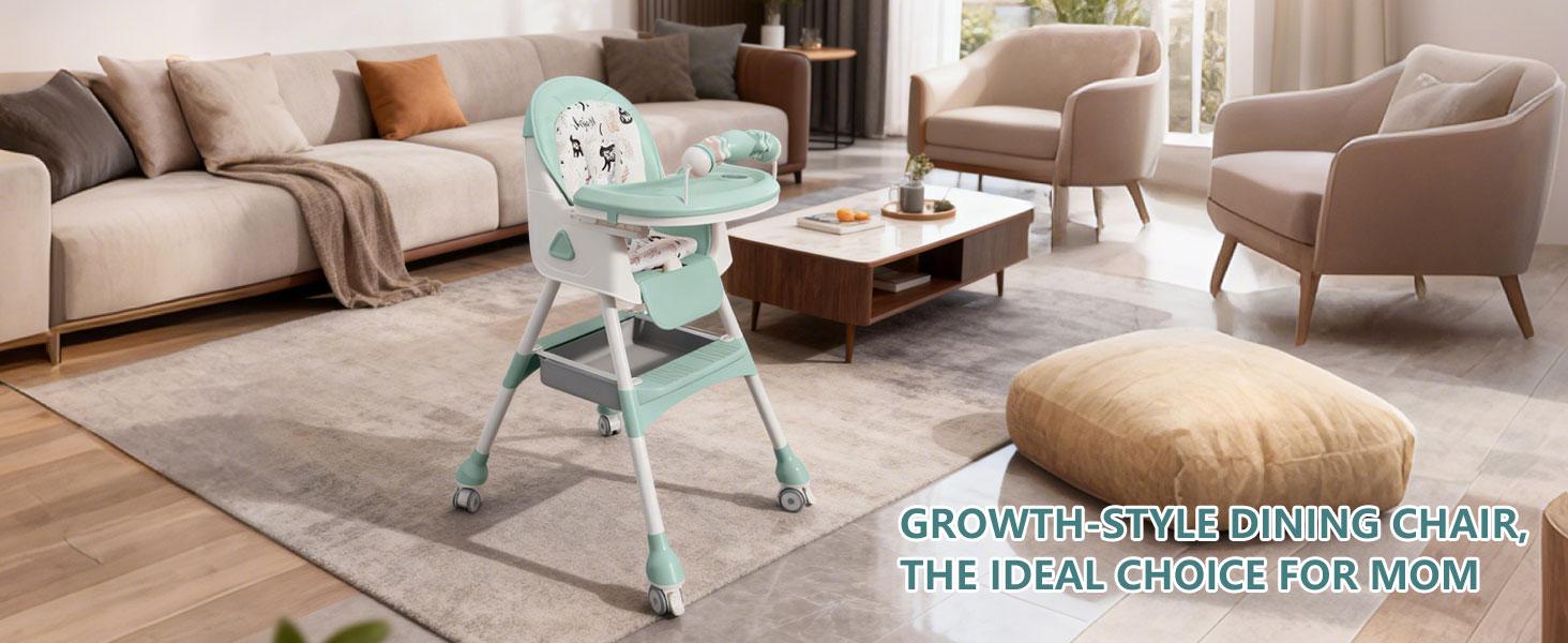 3-in-1 Baby High Chair, Adjustable Foldable High Chair for Babies & Toddlers, Convertible Infant Feeding Chair with  Footrest, PU Seat Cushion & Double Removable Tray, Portable for Travel & Small Spaces double tray stability structure detachable pu cushio