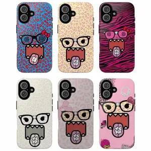 Cartoon Face Phone Case Set, Domo Phone Case spiral glasses leopard zebra bow headphones heart gear tongue pink yellow blue white vibes, baddie aesthetic gift play now, iPhone 17 16 15 14 13 12 Pro Max Plus