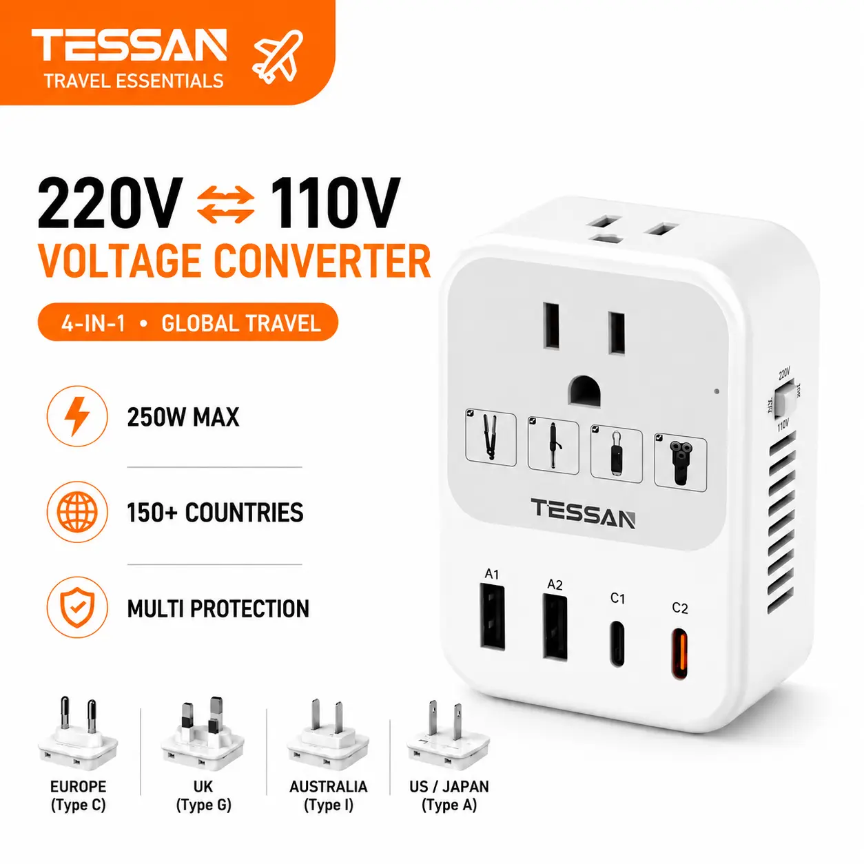 【TESSAN 220V to 110V Voltage Converter】US to Europe Universal Travel Adapter | 4 USB Ports (2 USB-C), 2 AC and EU/UK/JP/FR Power Plug Adaptor, International Step Down Transformer