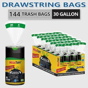 144 Bags 30 Gallon 24 Roll Non Tear Disposable Large Drawstring Black Trash Bags For Large Kitchen Trash Can, Ultra Strong 144 Count 113.5L Multipurpose Cleaning Supplies For Industrial, Garden, Home, Commercial - Durable, Leak-Proof, And Easy To Use