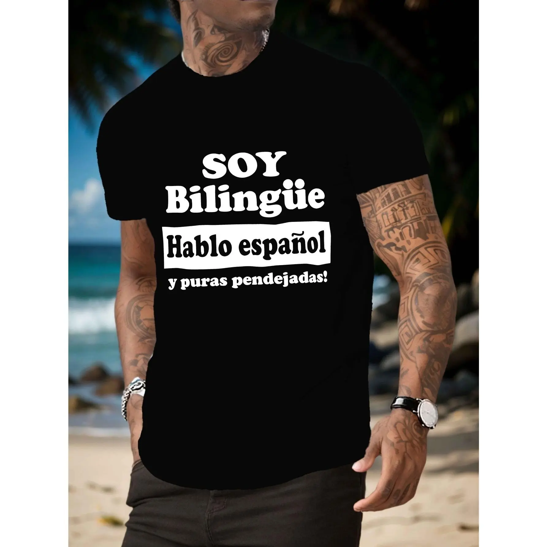 Men's 100% Cotton Graphic T-Shirt - Menswear Top, Casual Round Neck Short-Sleeve with "I Am Bilingual" Geometric Print, Breathable for Summer
