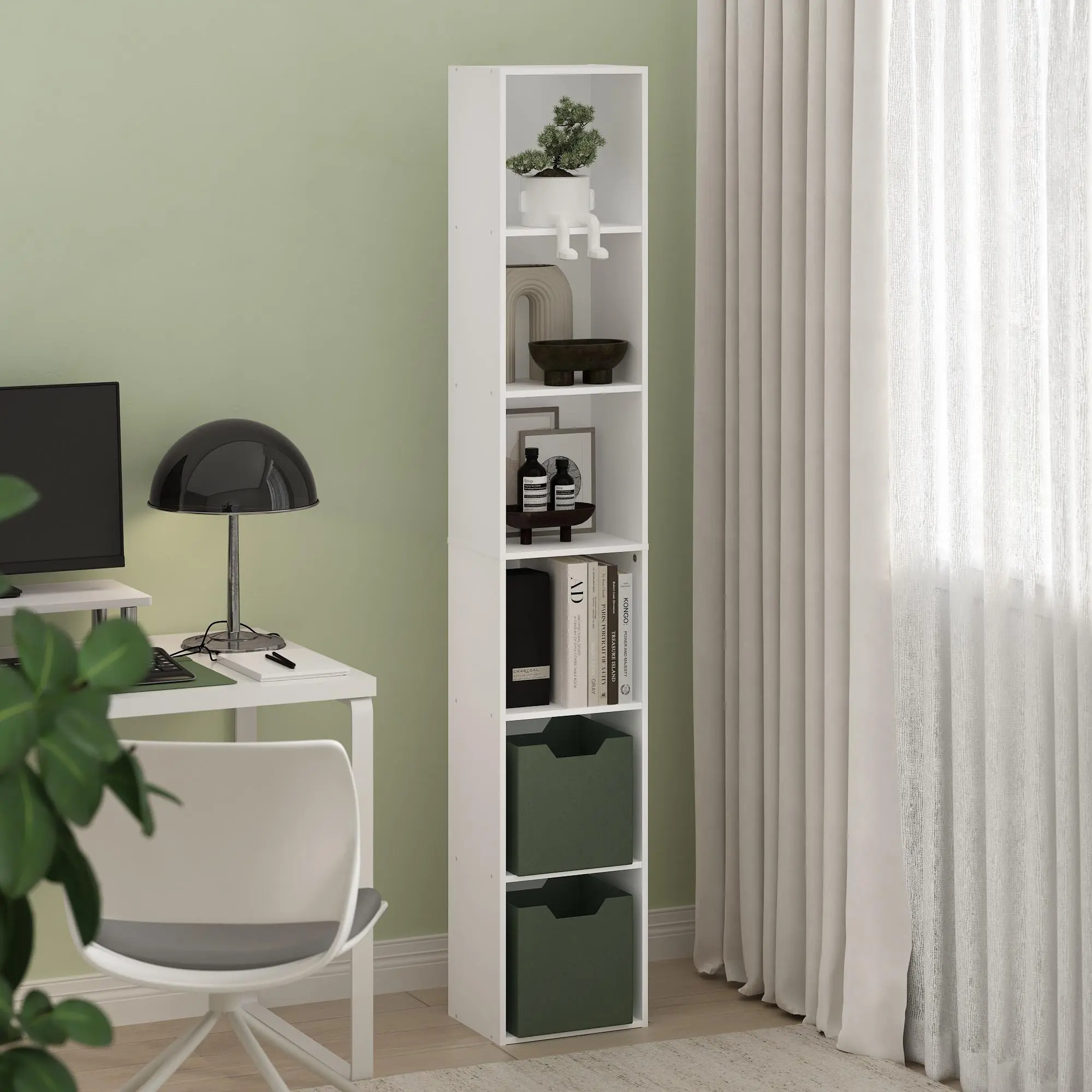 LUDER 6-Tier Freestanding Display Bookshelf - 9.3x12x71in Contemporary Open Shelf for Small House Design, Home Library, Tight Spaces, Framed Photo & Plant Display Indoor Storage Organization