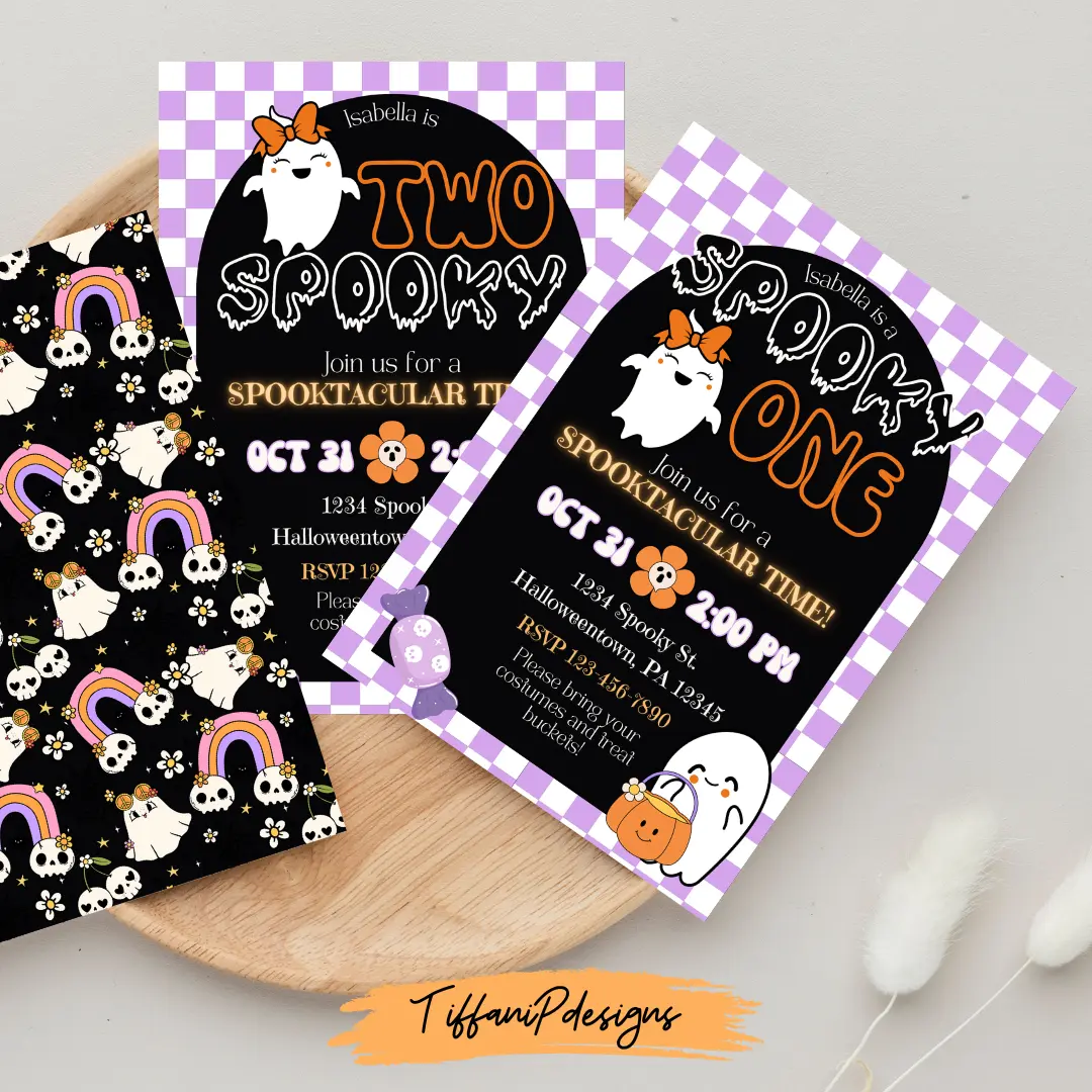 Retro Spooky, Halloween Theme Birthday Invitation- Spooky One, Two Spooky in Green and Purple