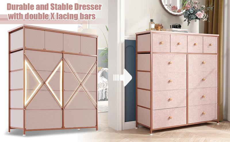 Raybee Furniture Dresser with 12 Drawers, Wooden Top Metal Frame Fabric Storage Organizer, For Dressing Room, Bedroom, Closet, Entryway, Living Room cabinets
