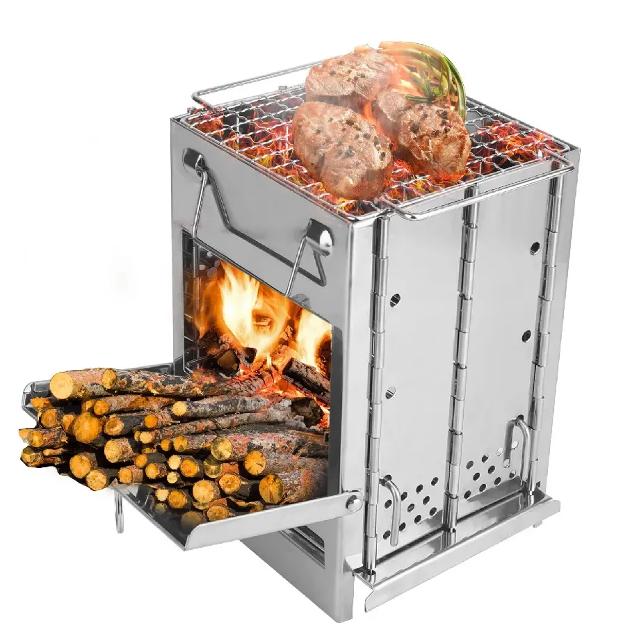 Portable Foldable Camping Wood Burning Stove Stainless Steel 410 304 with Grill Carry Bag for Hiking BBQ Picnic Resists Rust Supports 33 lb Stable Cooking, Outdoor Camping Cooking, Collapsible Backpacking Stove