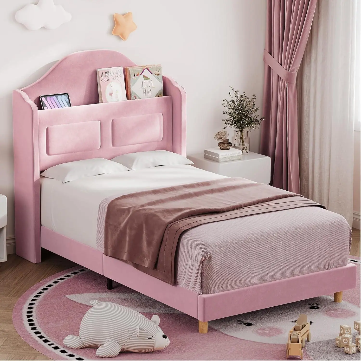 Gaomon Pink Upholstered Heavy-Duty Modern Wingback Platform Twin Bed Frame with Bookcase Headboard, LED Lights, Noise-Free, No Box Spring Needed, Easy Assembly, 350 lbs Capacity for Kids