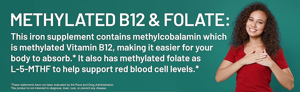 NatureWise Vegan Iron Supplement for Women & Men - Gentle on Stomach High Absorption - Coated Iron Bisglycinate Tablets + Vitamin C, Methyl B12, Folate & Organic Food Blend - Non-GMO - USA Manufactured