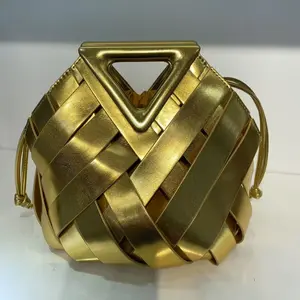 French Vintage High-End Niche Design Triangular Woven Hollow-Out Bucket Bag Clutch & Crossbody with Top Handle-165100