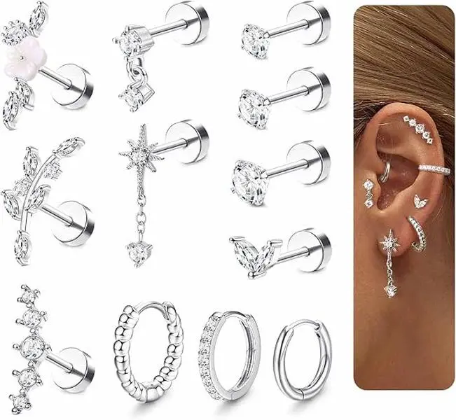 12PCS Earrings for Girls Women Stainless Steel Screw Back Earrings Hoop Earring for Sensitive Ears errings