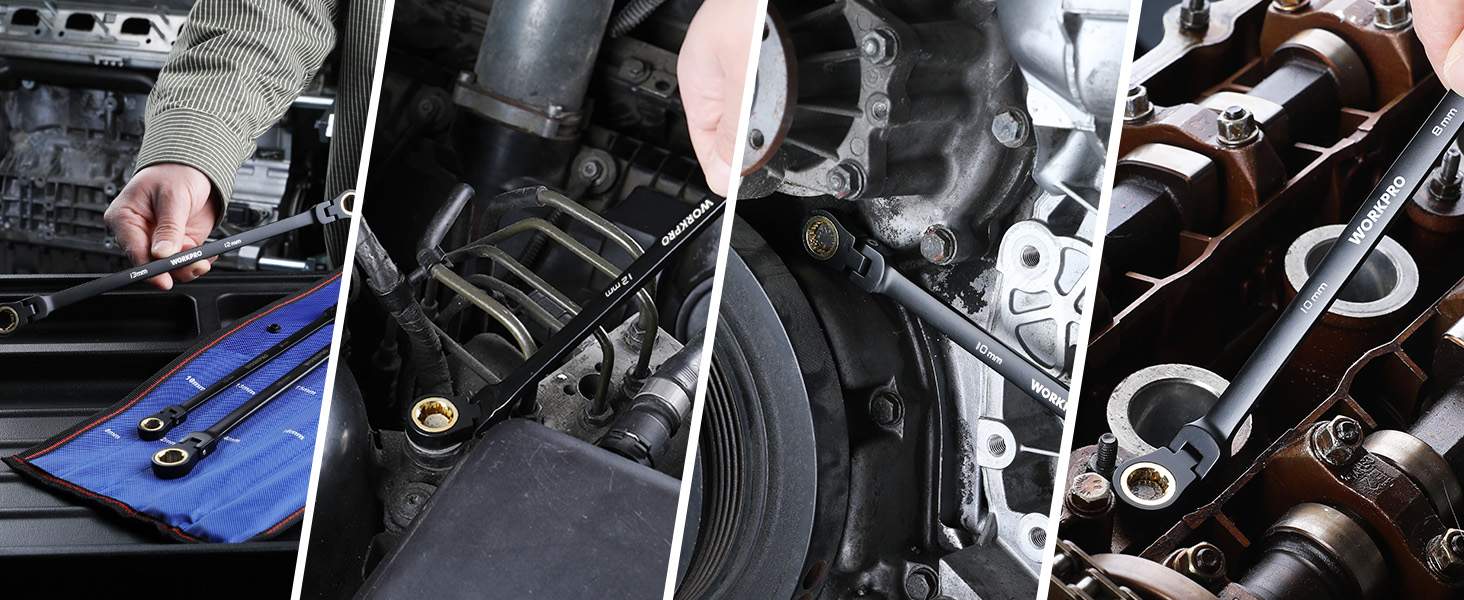 #JumpstartSale WORKPRO Extra Long Flex-Head Ratcheting Wrench Set, 5-Pack Anti-Slip Double Box Wrenches Set, Metric 8-19 mm, 72-Teeth, Cr-V Steel and Black Electrophoretic Coating Wrenches with Rolling Pouch