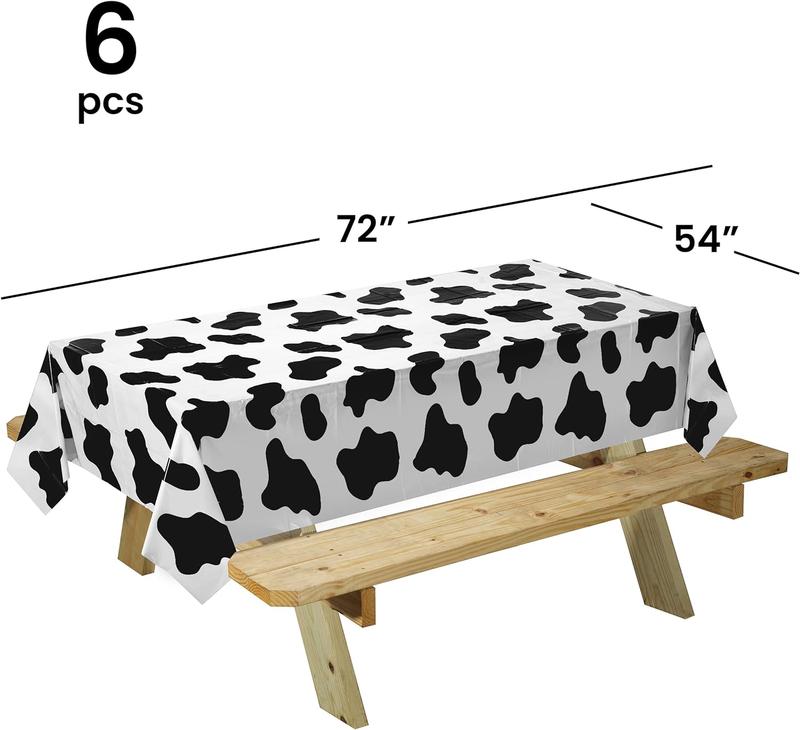 Cow print tablecloth (pack of 6 pieces) 54 x 72 inch farm animal themed party tablecloth, birthday party supplies, and picnic table cover (black and white)