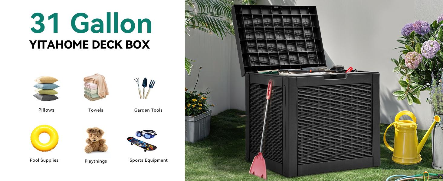 Yitahome 32 Gallon Rattan Deck Box, Indoor Outdoor Storage Box for Patio Furniture, Pool Accessories, Cushions, Garden Tools, Sports Equipment, Waterproof Resin with Lockable Lid & Side Handles, Black
