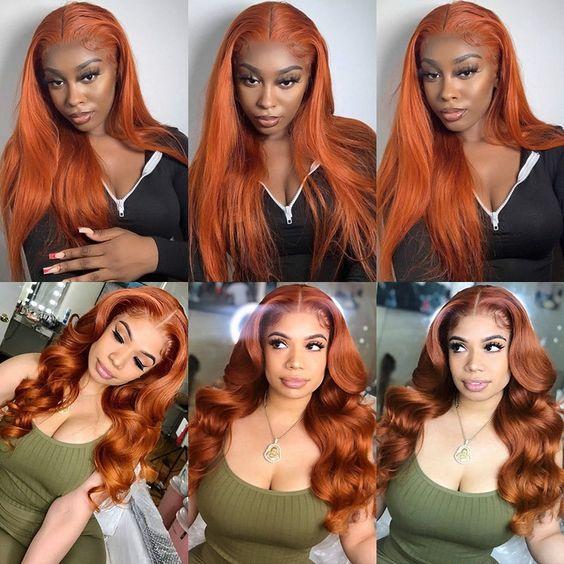 Bling Hair Bone Straight Ginger Orange 13x6 Lace Front Human Hair Wigs 33# Colored Preplucked Wig Transparent 13x4 Straight Lace Frontal Wigs For Women 180Density