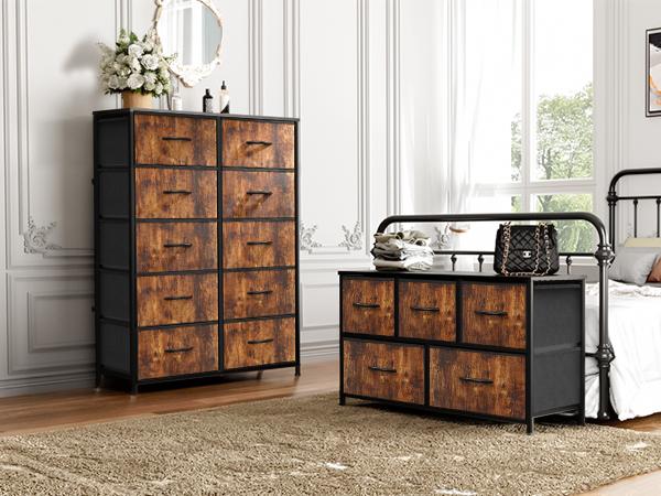 Sweet Furniture S - Tall Fabric Storage Tower Dresser with 10 Drawers and Wood Top for Bedroom