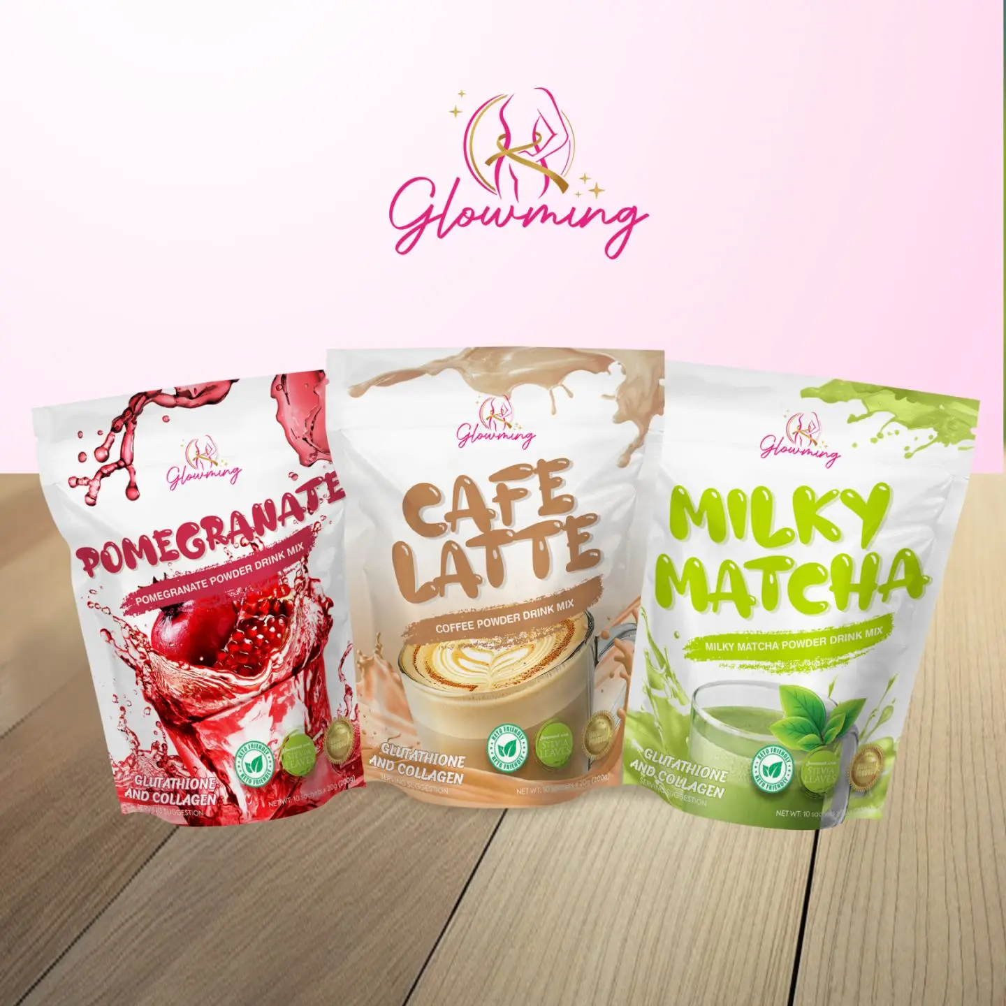 Official Glowming Beauty Drinks - 10 x 20g Sachets per Pouch -  Enjoy a Variety of Flavors Pomegranate, Coffee, Berry Glow, Choco Blast, Milky Mango, Milky Matcha, and more.