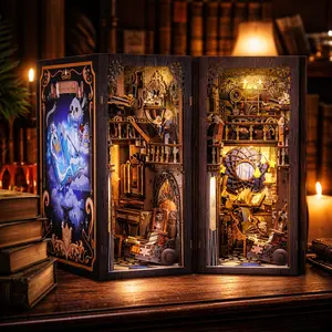 DIY Book Nook Kit with LED Lights, 3D Wooden Miniature Nebula Common Room Bookshelf Insert Decor, Handmade Bookend Model, Gift for Adults & Book Lovers