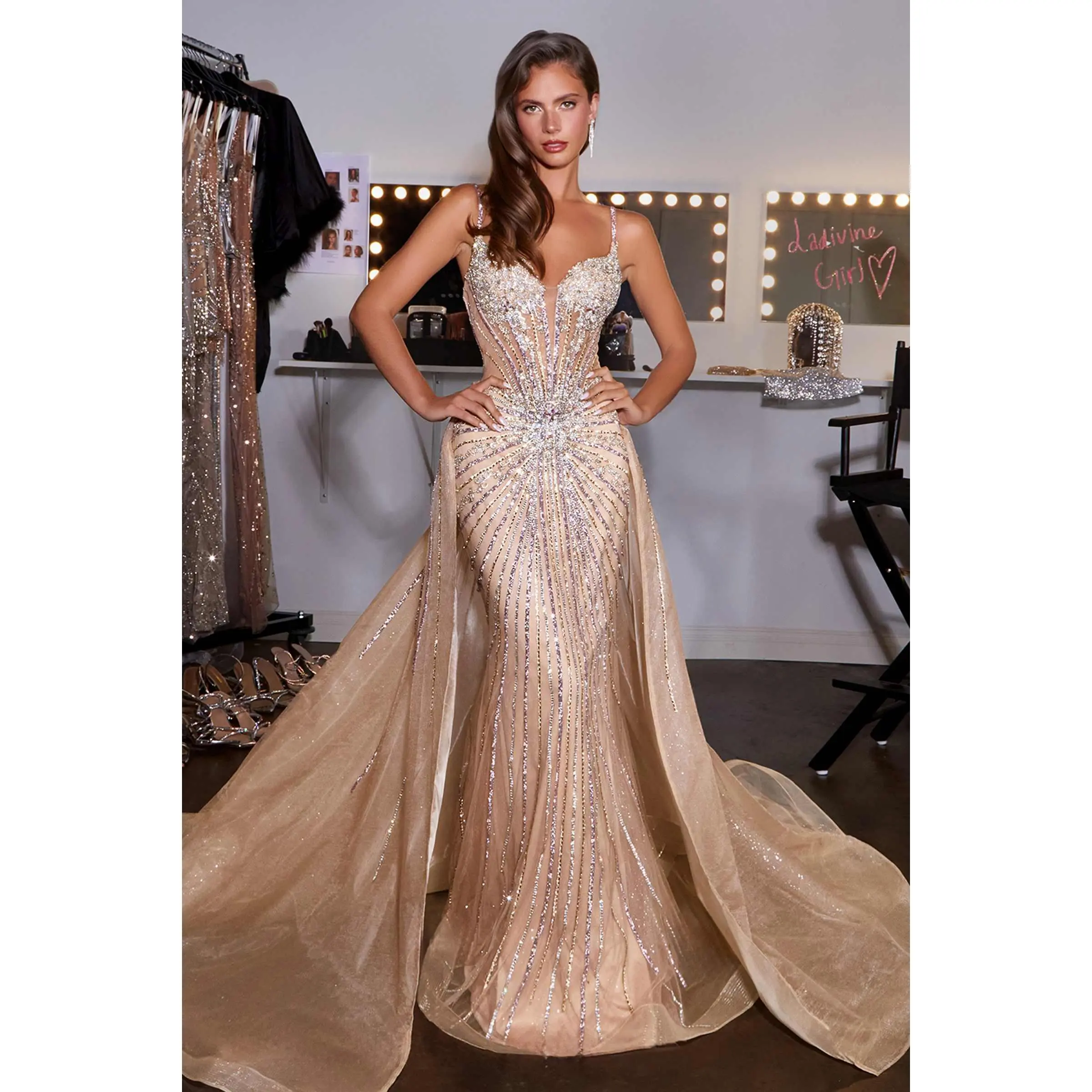 Women's Ladivine CD658 Formal Dazzling Corset Gown - Plunging Sweetheart Neck, Crystal Glitter Fabric, Straps, Fitted Design with Overskirt, Adjustable