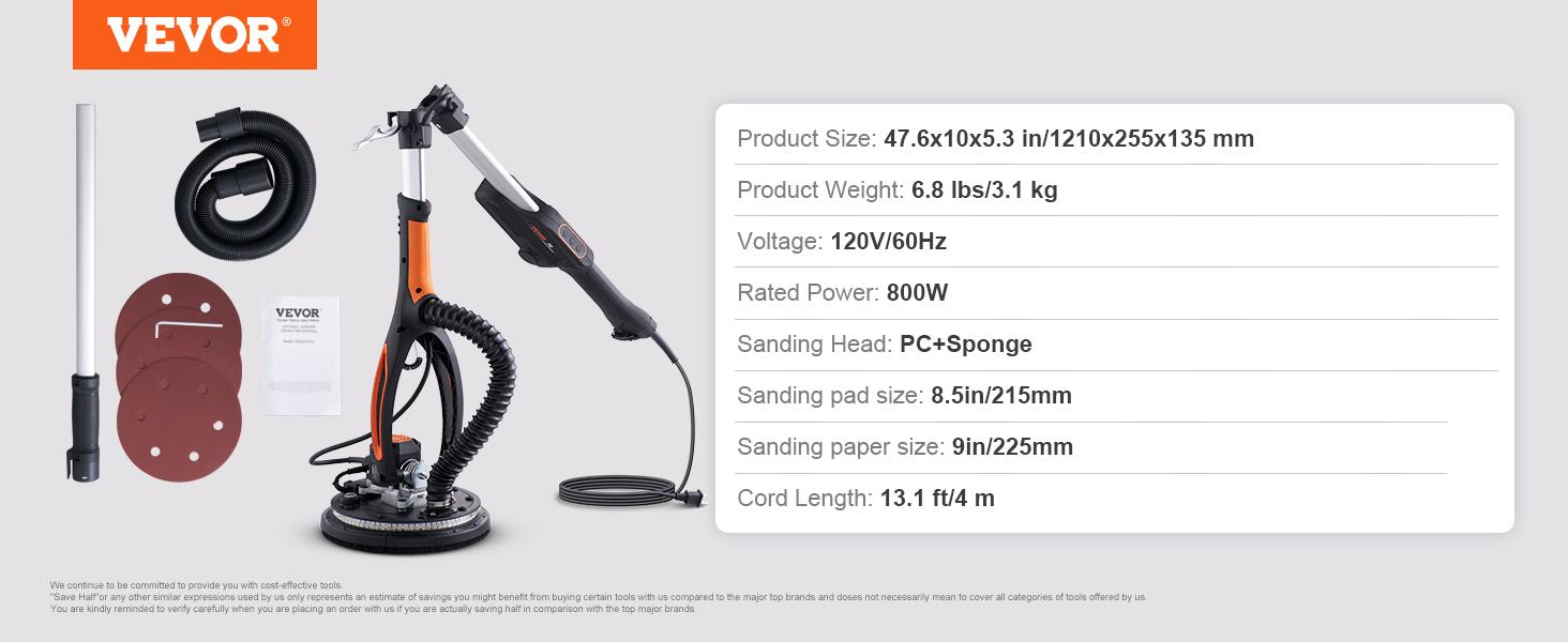 VEVOR Drywall Sander (Dust Bag not Included, TikTokShopBlackFriday, Compatilble /w Vacuum Cleaner), 800W Brushless Motor Electric Sander, Variable Speed 1000-2300 RPM Wall Sander, Foldable Ceiling Sander with Double-Deck