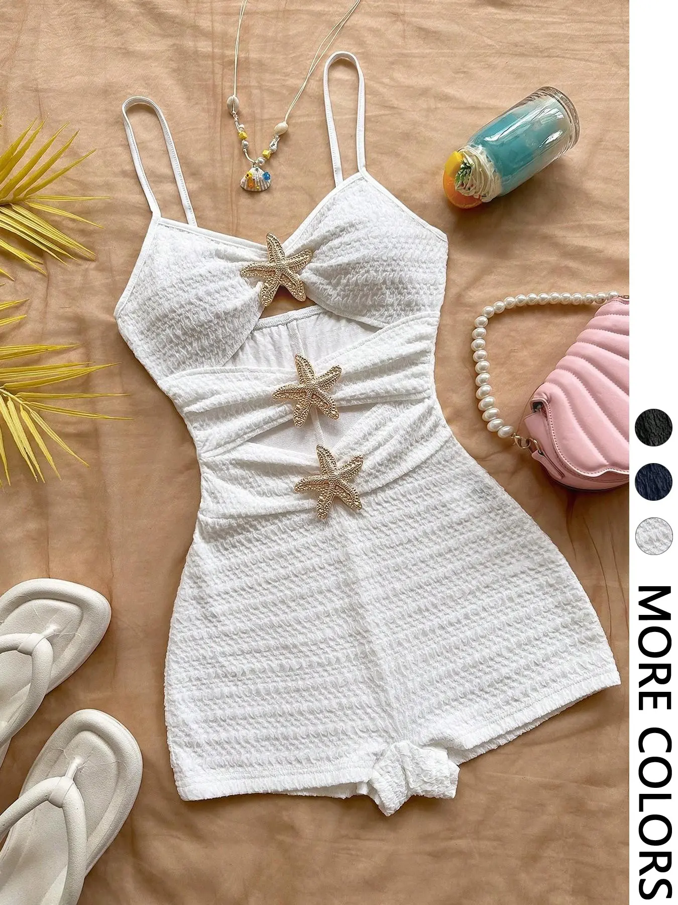 Women's Summer Casual Hollow-Out Starfish Decor Knit Romper Jumpsuits, Feminine Sexy Fitted Spaghetti Straps Textured Sleeveless Solid Playsuit for Beach, Beach Holiday Jumpsuit