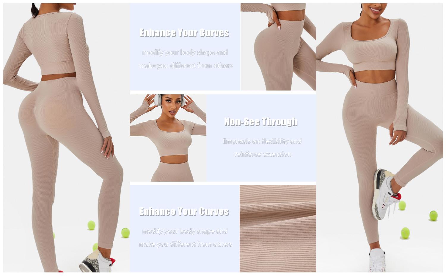 Women's Solid Seamless Long Sleeve Crop Top & Leggings Workout Exercise Tracksuit Set Active Set Ribbed Square Neck Tee & Yoga Pants Skinny Tummy Control Sports T-Shirt & High Rise Hip Lift Leggings Women's Sportswear for Gym Running