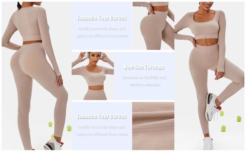Women's Solid Seamless Long Sleeve Crop Top & Leggings Workout Exercise Tracksuit Set Active Set Ribbed Square Neck Tee & Yoga Pants Skinny Tummy Control Sports T-Shirt & High Rise Hip Lift Leggings Women's Sportswear for Gym Running
