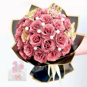 Glitter Roses Bouquet, Shiny Artificial Roses Flowers with Stems DIY Fake Glitter Flowers Bouquet for Valentine's Day, Mother's Day, Anniversary, Graduation, Birthday, Wedding, 24 Roses (Rose Gold)