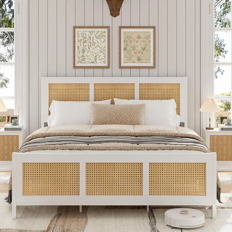 Gaomon Rattan Bed Frame with Headboard - Queen Size Boho Eco-Friendly & Healthy Indoor Bed, 800 lbs Strong Metal Slats Support, No Box Spring Needed, Noise-Free Design, White, Assembly Required