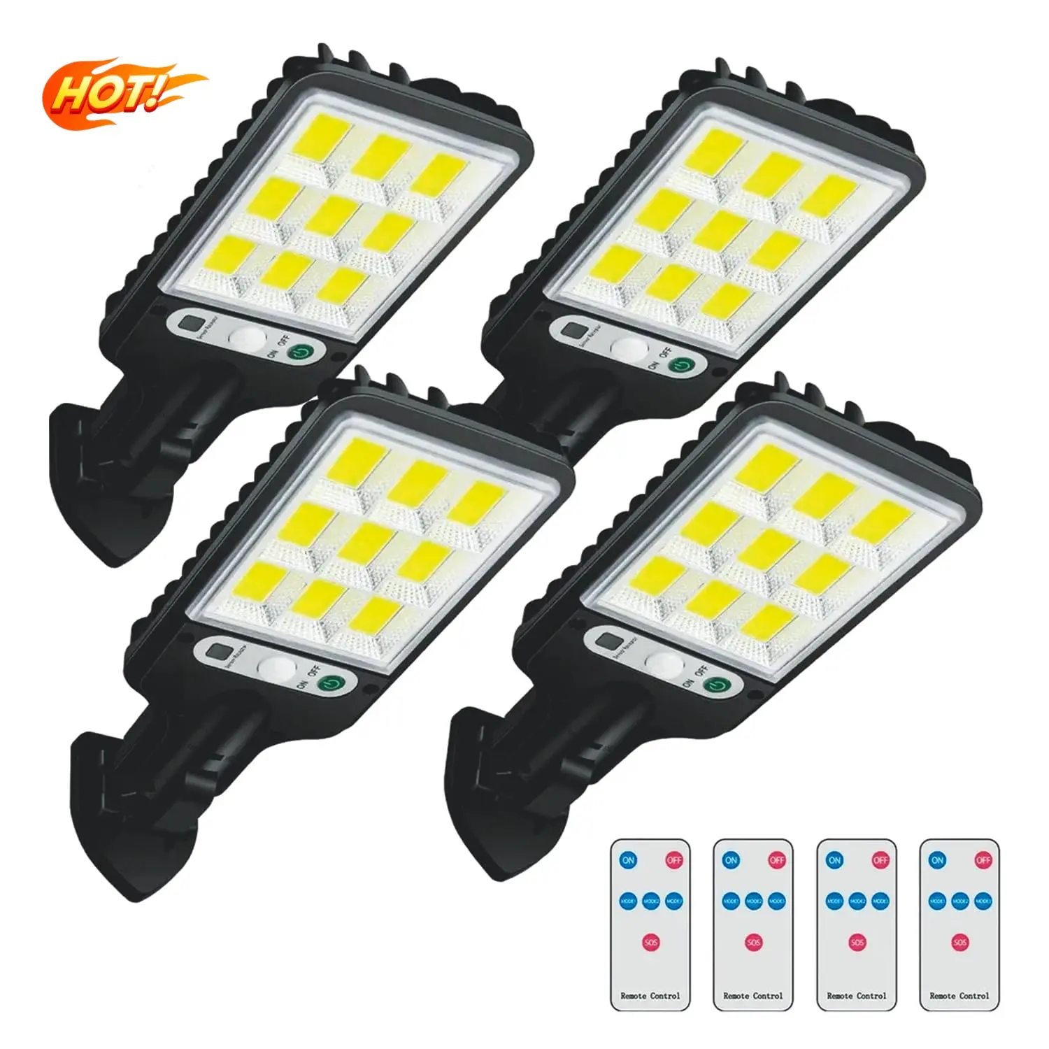 Solar Powered Street Light,1400MAH, Body Motion Sensor, 108COB Reflector LED Security Wall Lamp, with Remote Control, 3 Working Modes, for Garden Patio Porch Door Garage Spotlight (4 Pack)
