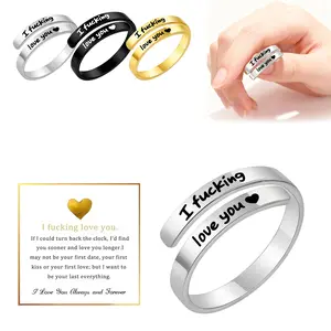 I Fcking Love You Ring For Women, Open Adjustable Stainless Steel Engraved Heart Spiral Wrap Twist Vintage Promise Rings Inspirational Jewelry Gift for Wife Girlfriend