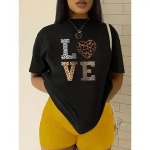 100% Cotton Women's Casual LOVE Pattern Leopard Heart Design T-Shirt - Elastic Round Neck Short Sleeve Top, Machine Washable All-Season Comfortable Style country concert outfits shirts women vintage graphic tees casual outfits women women's shirts